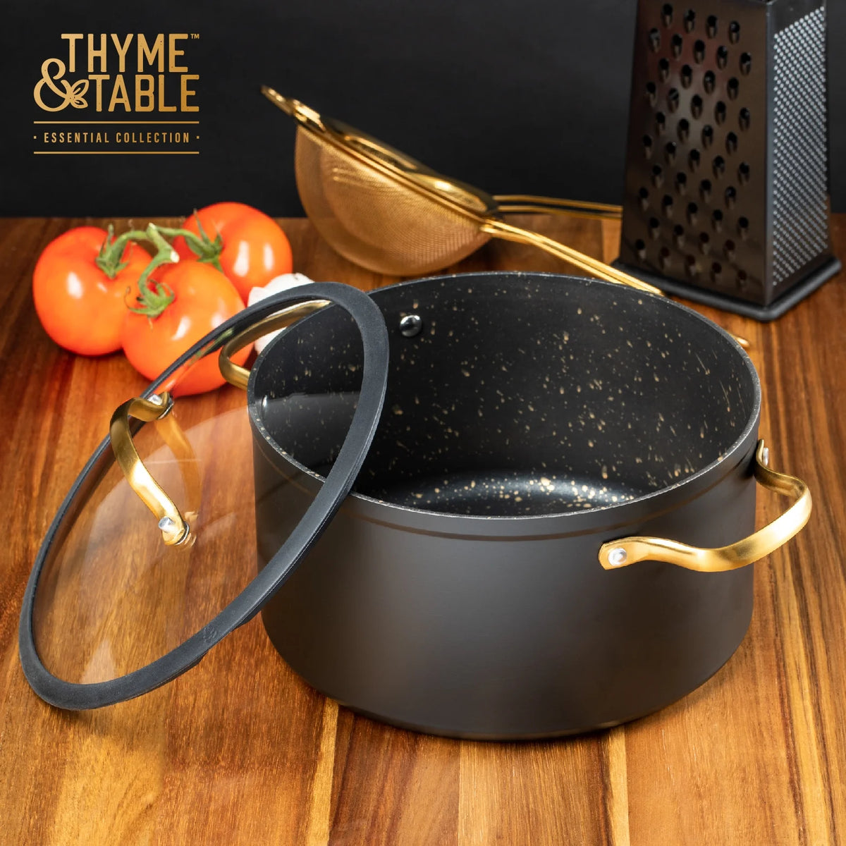 Non-Stick 5 QT Stock Pot with Glass Lid, Black & Gold H413