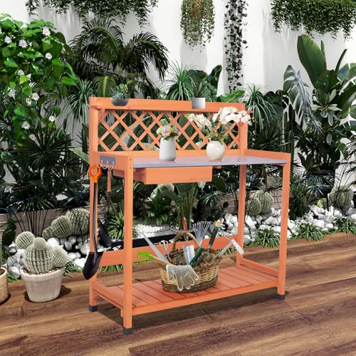 Outdoor Wooden Potting Bench with Metal Tabletop Y33596