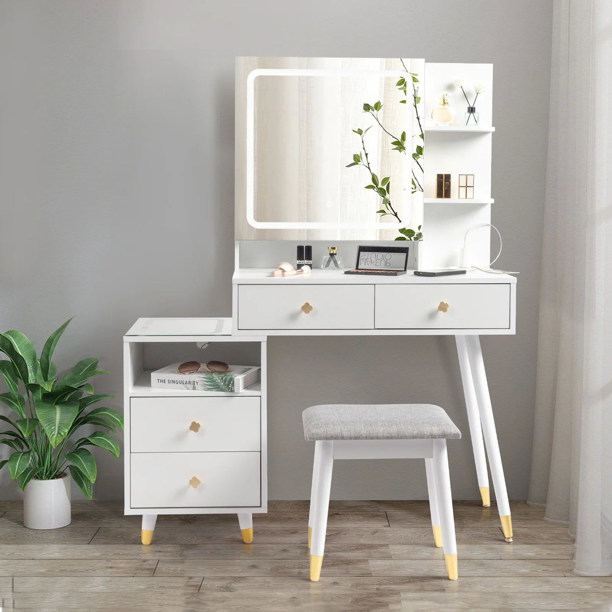 White Lighted Vanity Table Set with LED Nightstand V127