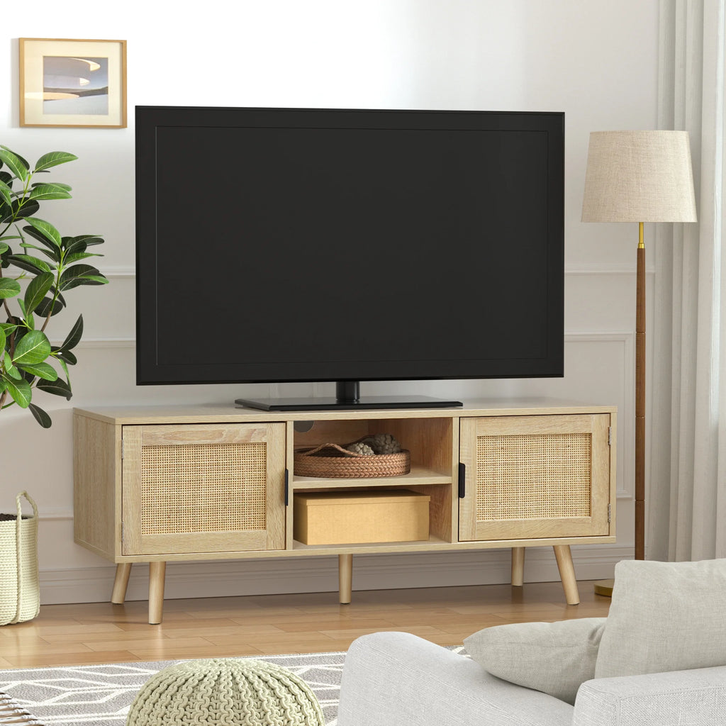 Farmhouse Wood TV Stand for 55 Inch TV with 2 Rattan Doors F270827