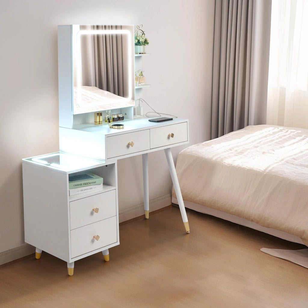 White Lighted Vanity Table Set with LED Nightstand V127