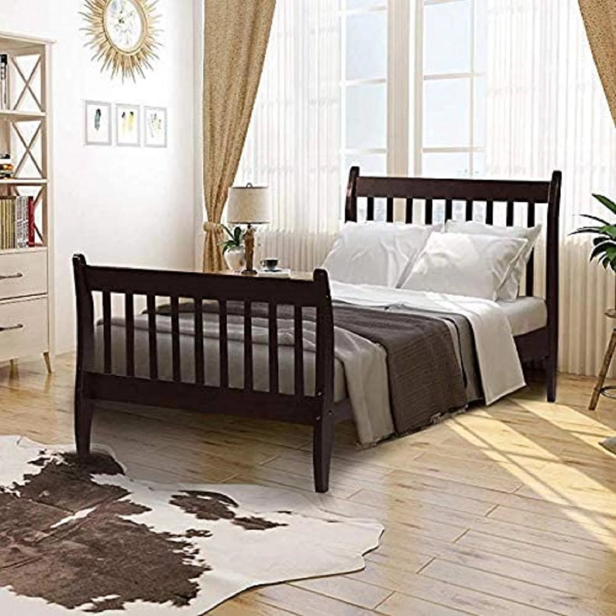 Twin Size Espresso Wood Platform Bed Frame with Headboard Q59272