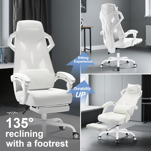 White Mesh Back Gaming Chair with Footrest V338