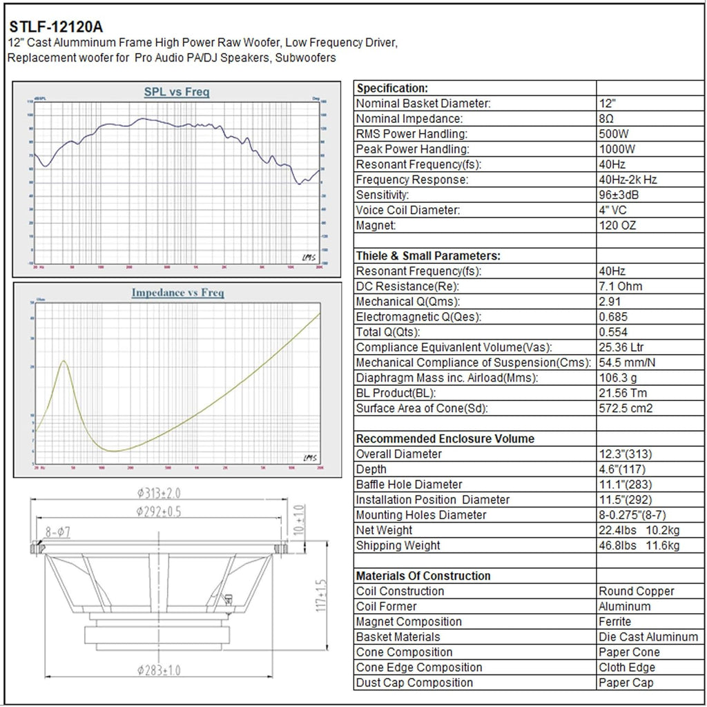 12" 500W Cast Aluminum Frame Woofer Y706