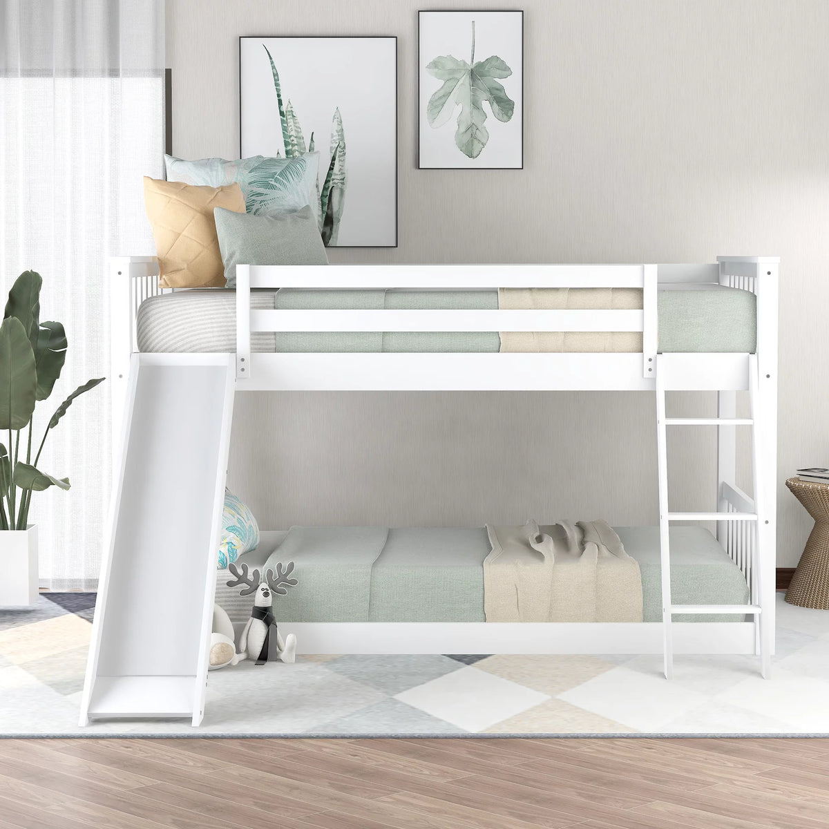 Twin over Twin Solid Wood Bunk Bed with Slide and Ladder V844613