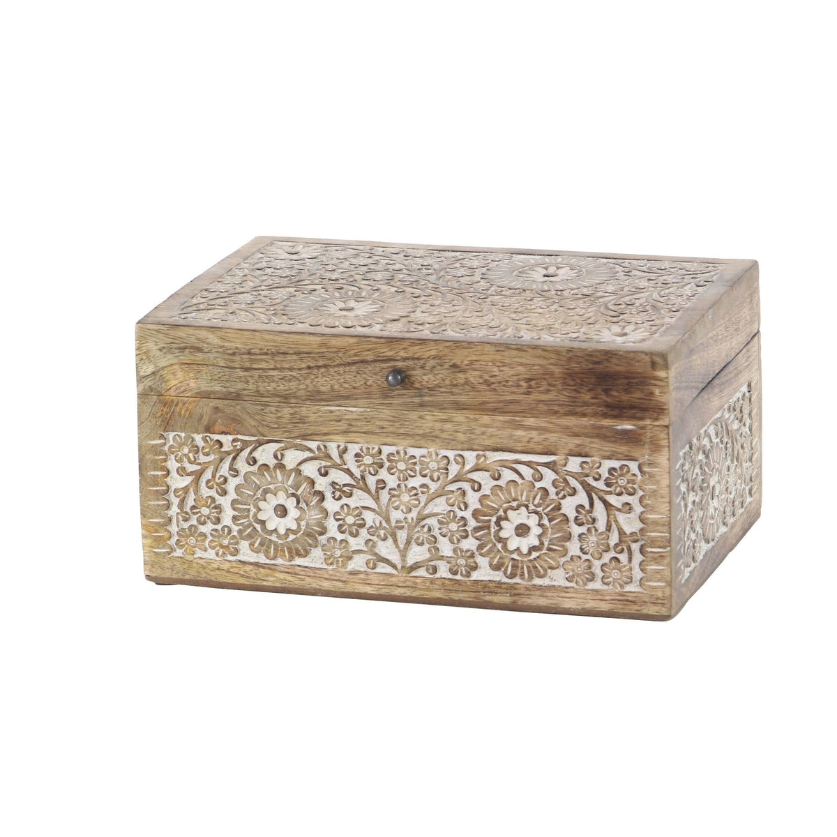 Set of 3 Mango Wood Carved Floral Boxes Brown L341