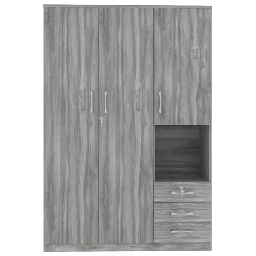 Grey Wooden Armoire Wardrobe with 6-Tier Shelves and 3 Drawers W85882