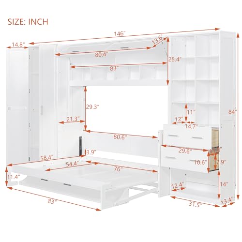 Gray Queen Size Murphy Bed with 5 Drawers and Storage Shelves B5746