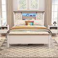 White Queen Size Metal Bed Frame with Headboard and Charging Station V77360