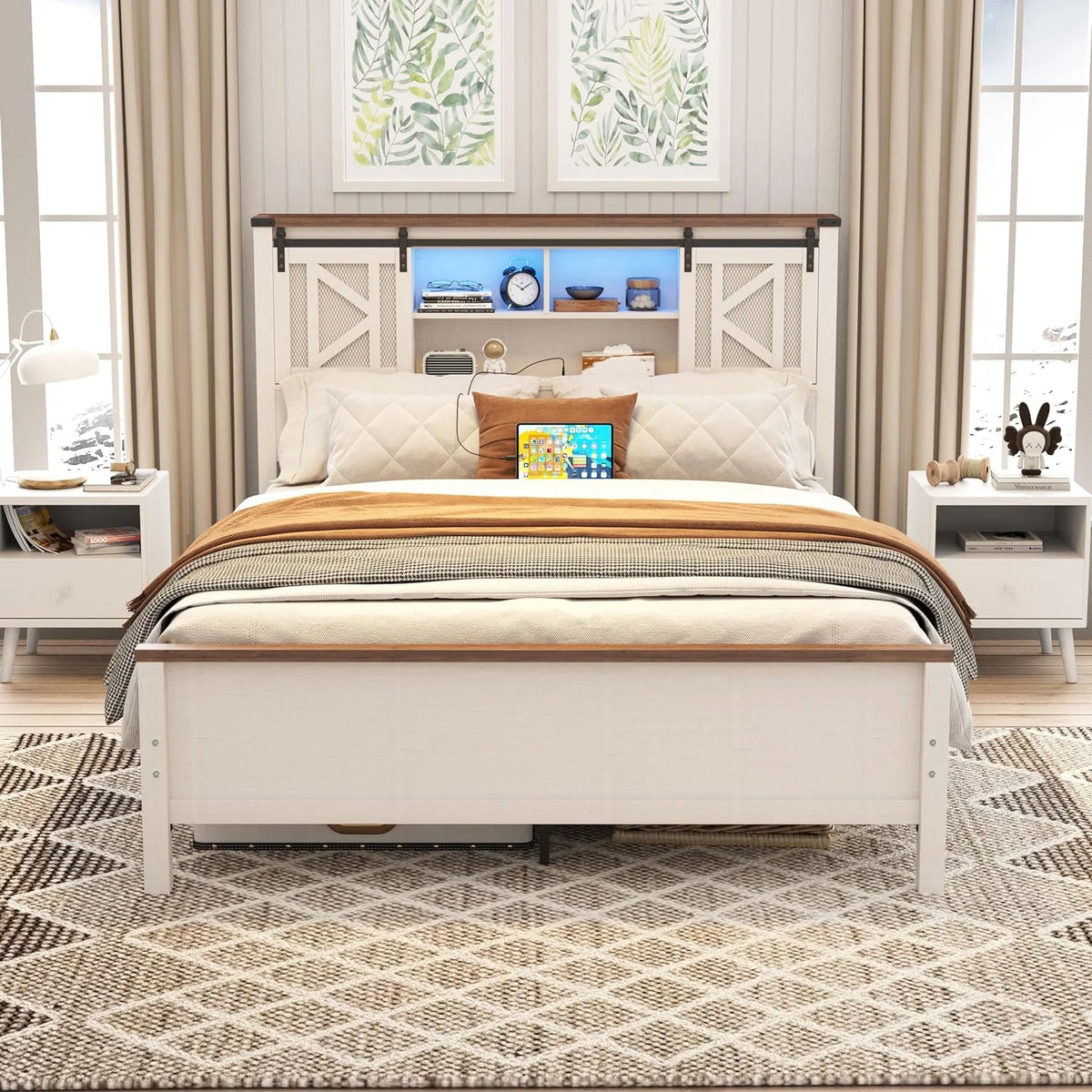 White Queen Size Metal Bed Frame with Headboard and Charging Station V77360