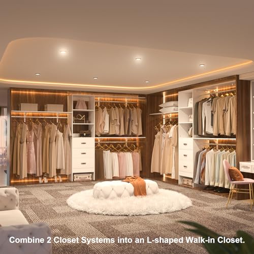120 Inches Closet System with 3 Shelving Towers, Heavy Duty Clothes Rack with 3 Drawers, White Oak W164915