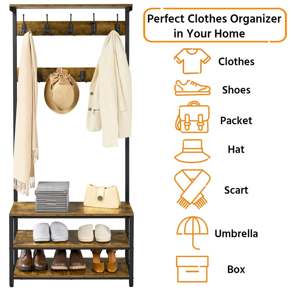 Rustic Brown 3-in-1 Industrial Hall Tree with Shoe Storage & Hooks G610643