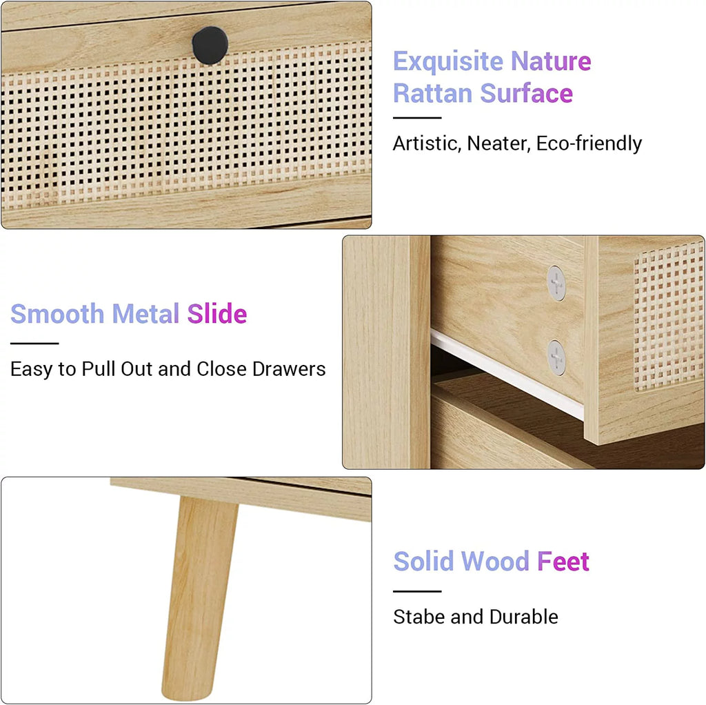 Black Wood Nightstand with 2 Rattan Drawers and USB Ports L480