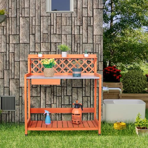 Outdoor Wooden Potting Bench with Metal Tabletop Y33596