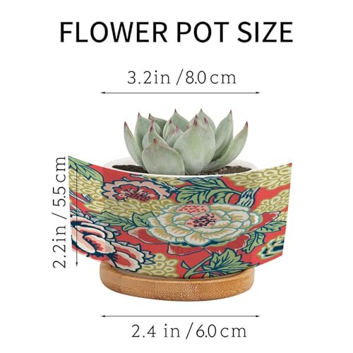 Pink and Blue Ceramic Round Flower Pots with Drainage Holes and Bamboo Tray K72412