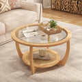 Round Wood Glass Rattan Coffee Table A1180