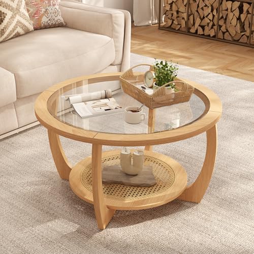 Round Wood Glass Rattan Coffee Table A1180