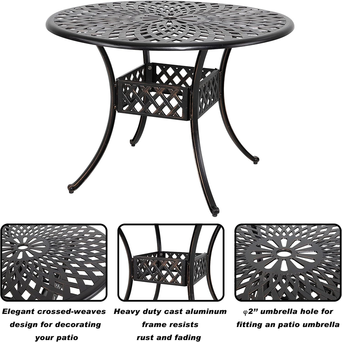 32 Inch Black Cast Aluminum Round Outdoor Dining Table with Umbrella Hole M8196
