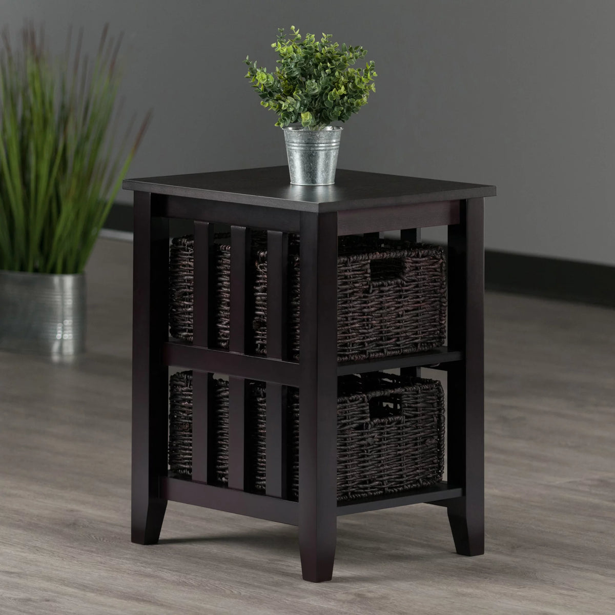 Dark Brown Espresso Side Table with Two Foldable Baskets O7017