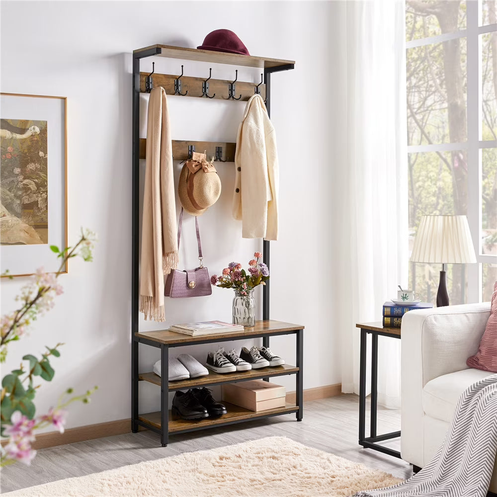 Rustic Brown 3-in-1 Industrial Hall Tree with Shoe Storage & Hooks G610643