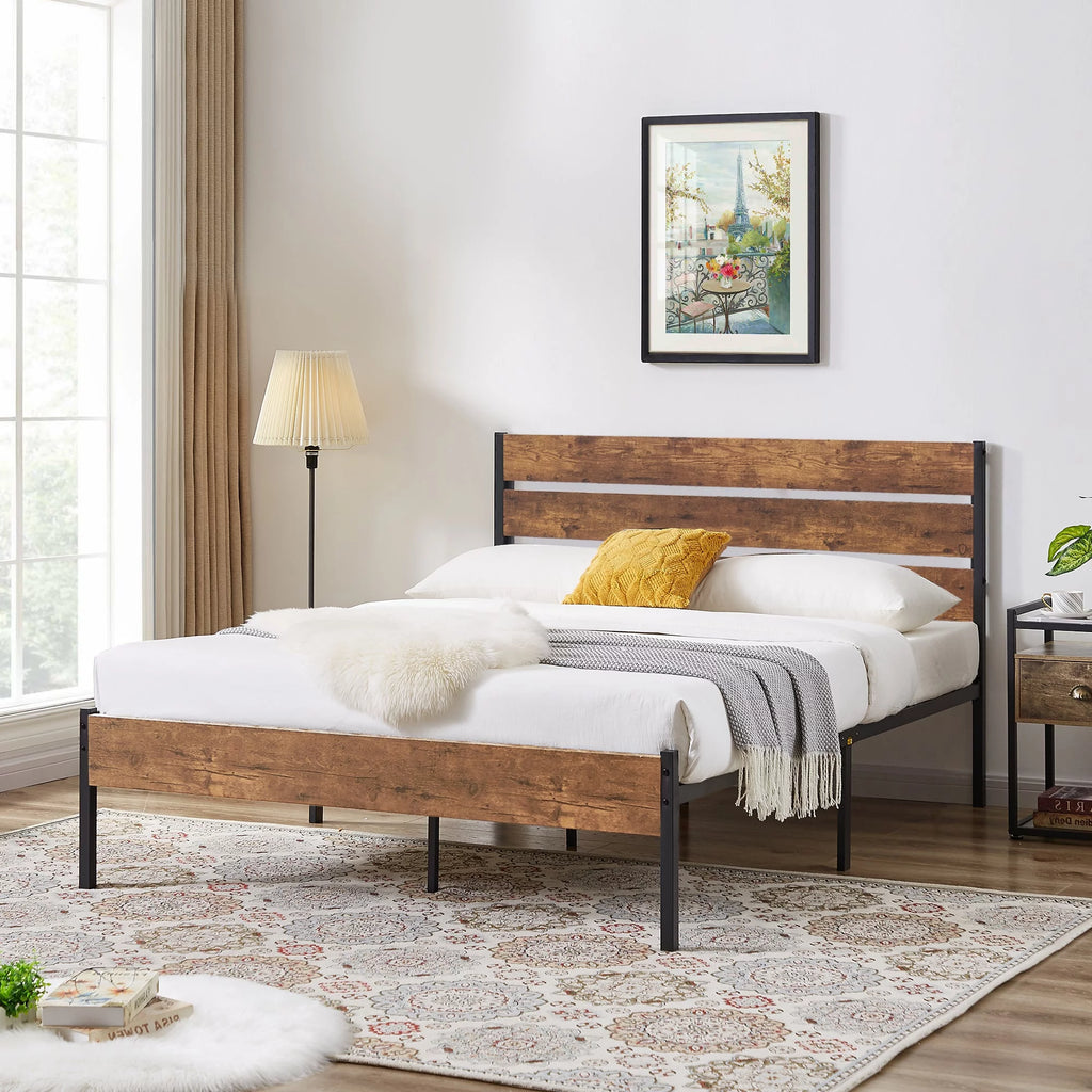3-Piece Bedroom Set with 2 Nightstands, Full Size Metal Bed Frame with Wooden Headboard, Brown F19692