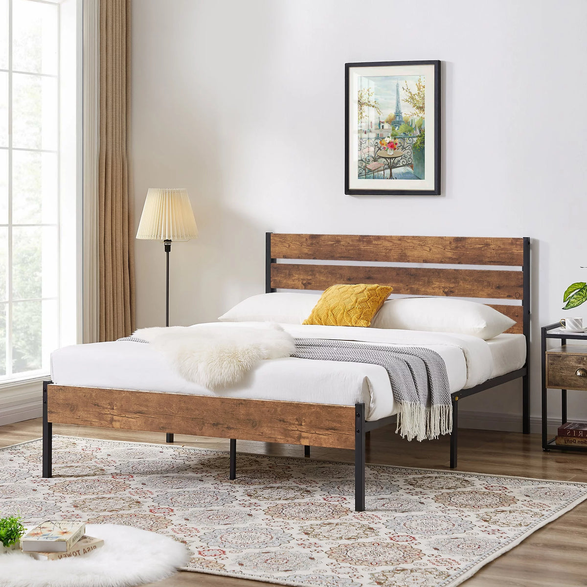 3-Piece Bedroom Set with 2 Nightstands, Full Size Metal Bed Frame with Wooden Headboard, Brown F19692