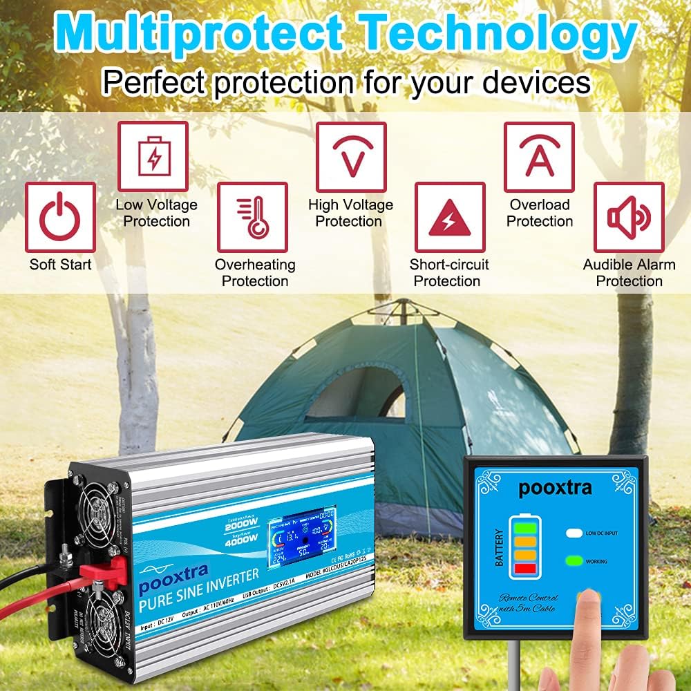 2000 Watt Pure Sine Wave Power Inverter 12V DC to 110V AC with LCD Display USB Port 4 AC Outlets R7298