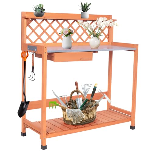 Outdoor Wooden Potting Bench with Metal Tabletop Y33596