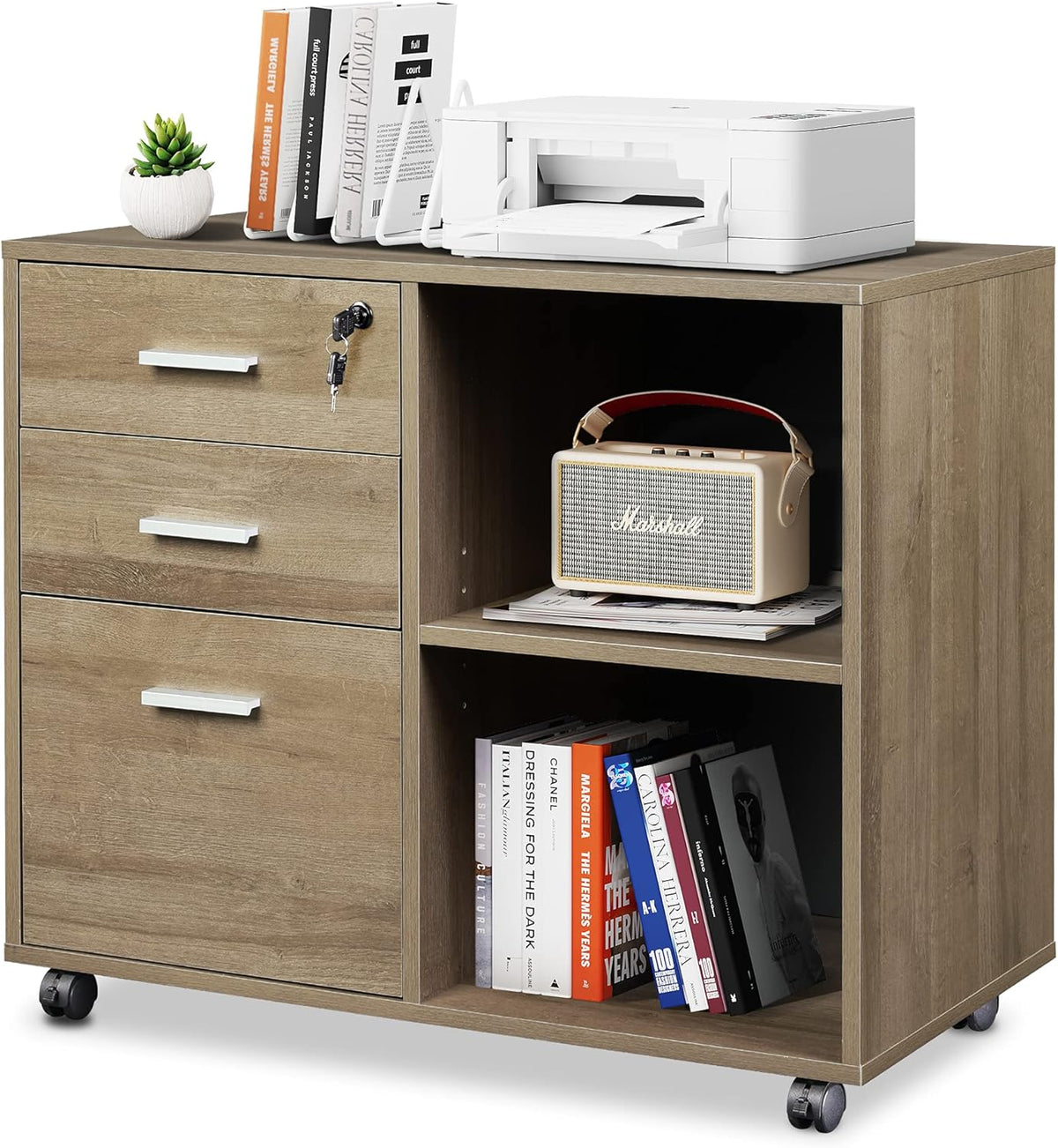 Gray Oak 3-Drawer Wood Mobile Lateral Filing Cabinet with Lock P820