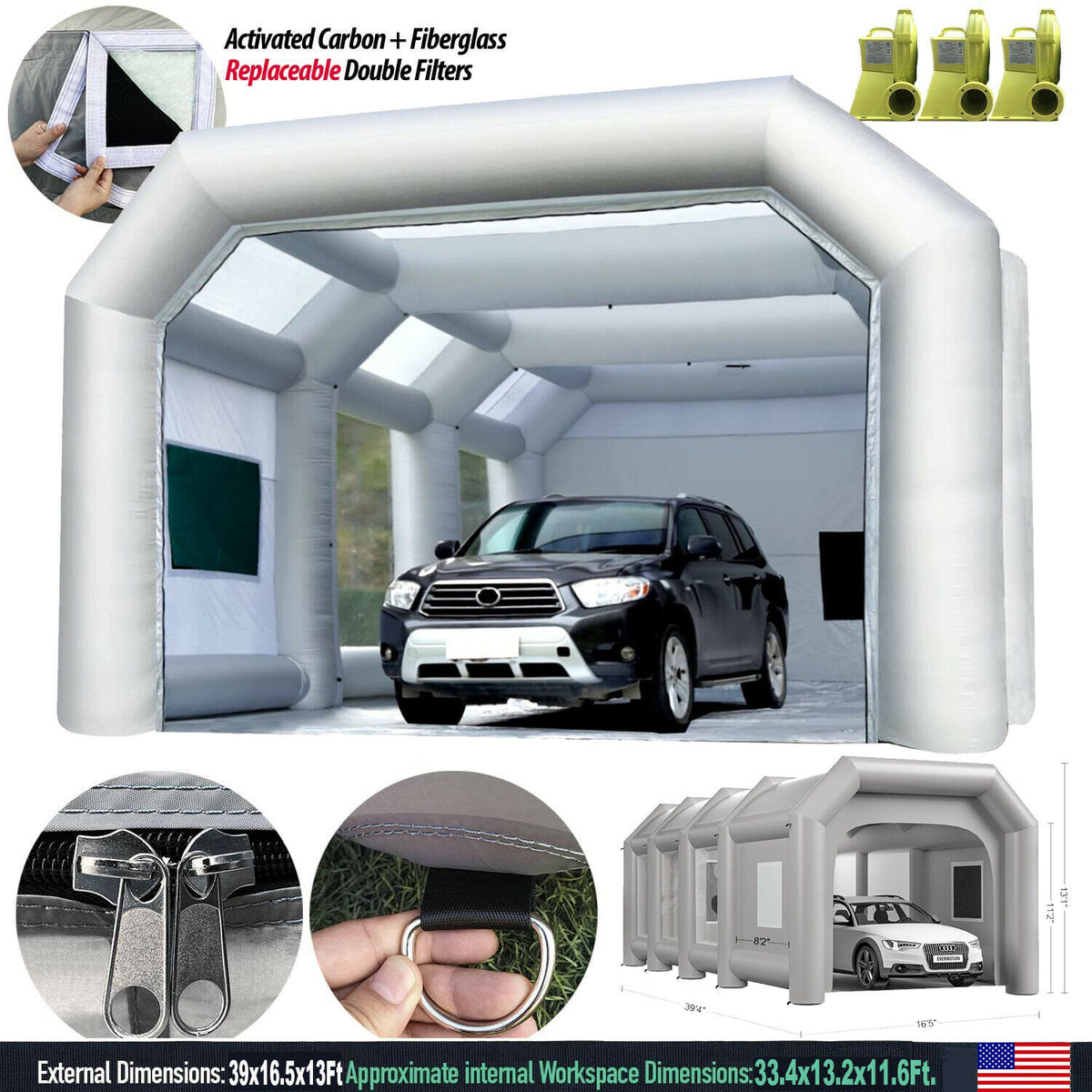 Inflatable Paint Booth 39x16x13Ft with Blowers Car Painting Tent T9408