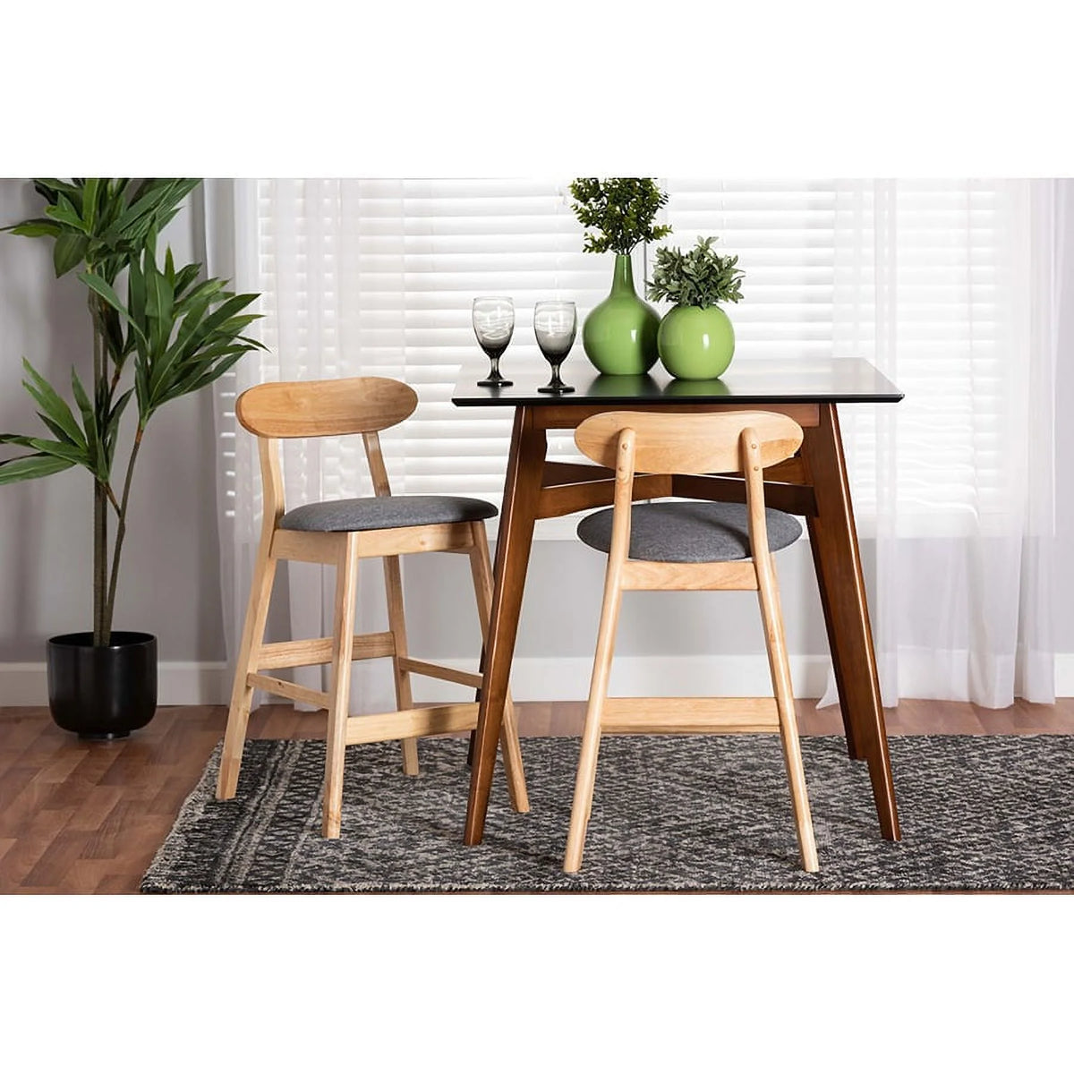 Grey Fabric and Natural Brown Wood 2-Piece Counter Stool Set C39694