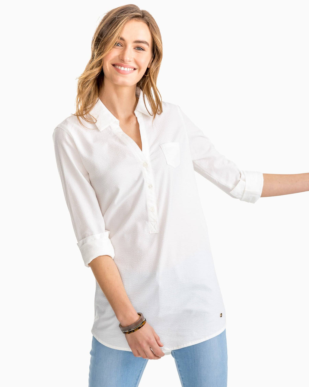 Long Sleeve Seersucker Tunic Top Q840109