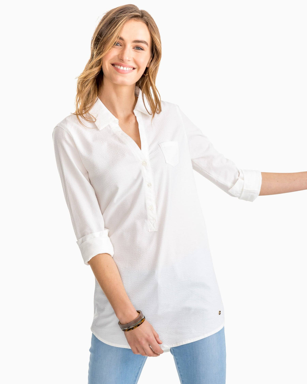 Long Sleeve Seersucker Tunic Top Q840109
