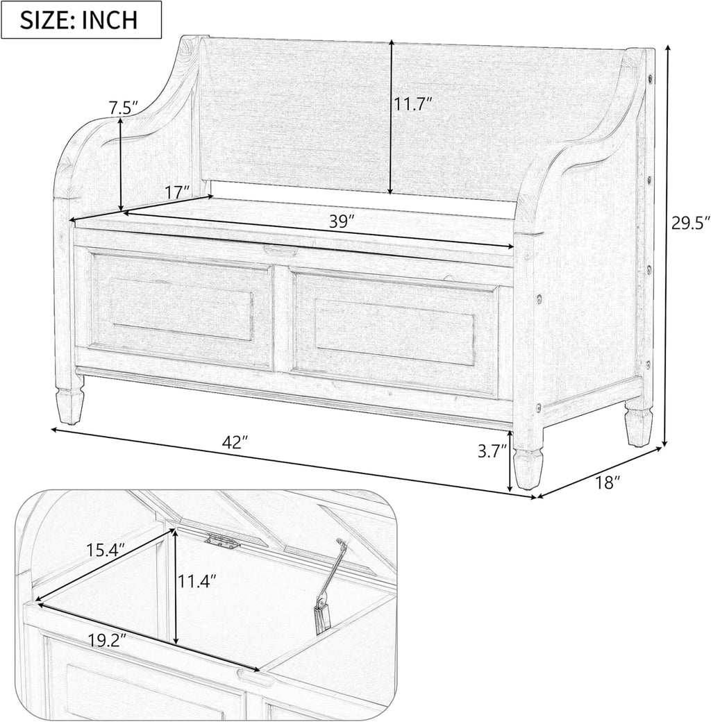 Rustic Storage Bench with Backrest and Hidden Storage, Gray Wash+Beige S6317