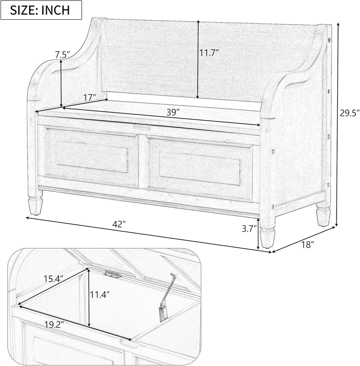 Rustic Storage Bench with Backrest and Hidden Storage, Gray Wash+Beige S6317