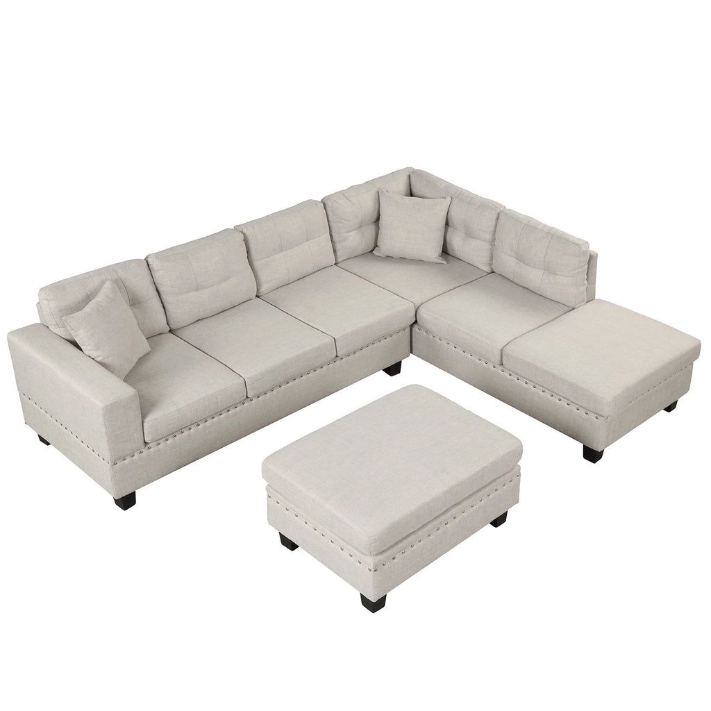 Light Gray Sectional Sofa with Storage Ottoman and Cup Holder D522