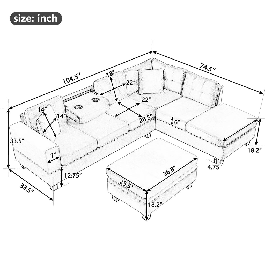 Light Gray Sectional Sofa with Storage Ottoman and Cup Holder D522