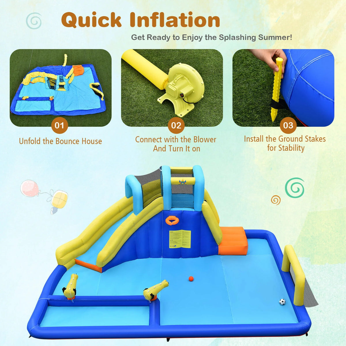 Inflatable Water Slide Bounce House Splash Pool with Blower G3857
