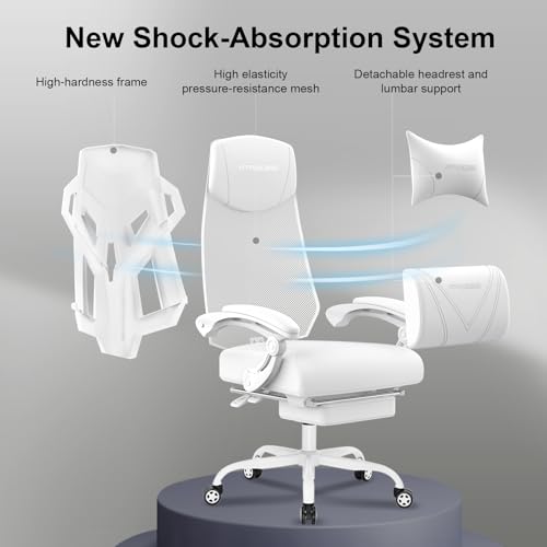 White Mesh Back Gaming Chair with Footrest V338