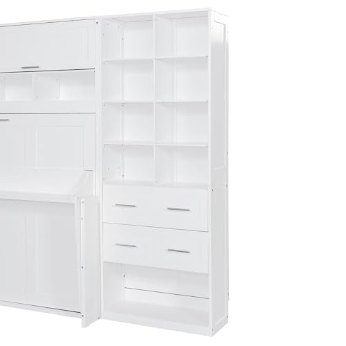 Gray Queen Size Murphy Bed with 5 Drawers and Storage Shelves B5746