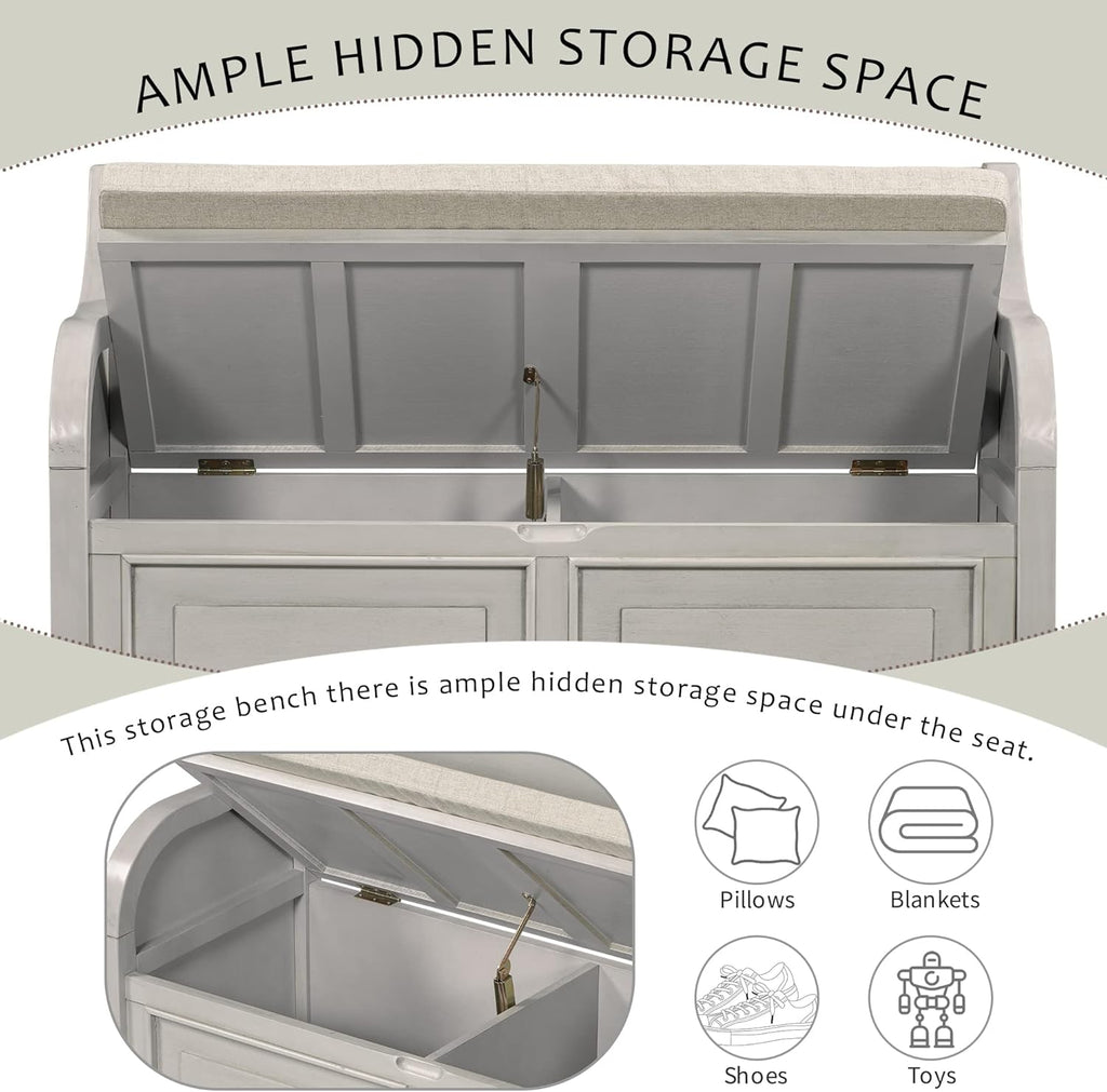 Rustic Storage Bench with Backrest and Hidden Storage, Gray Wash+Beige S6317