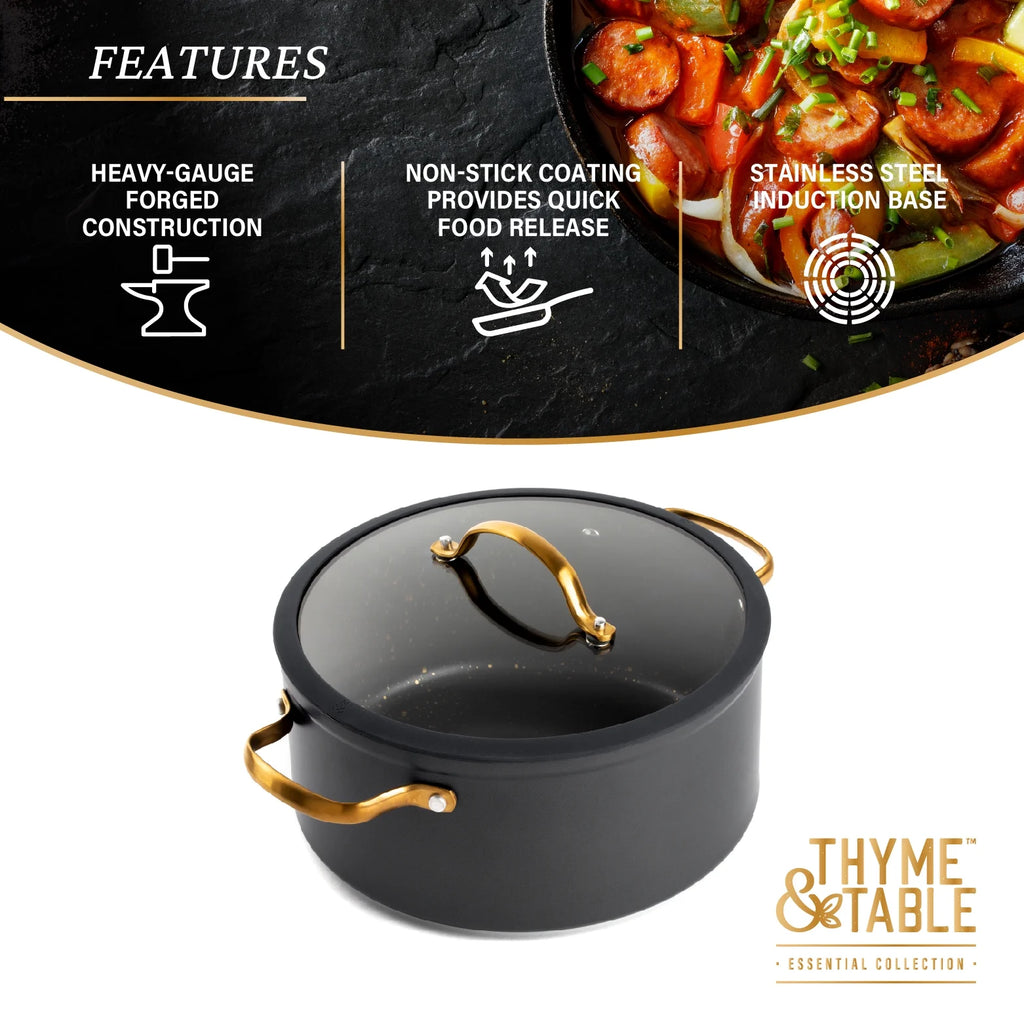 Non-Stick 5 QT Stock Pot with Glass Lid, Black & Gold H413