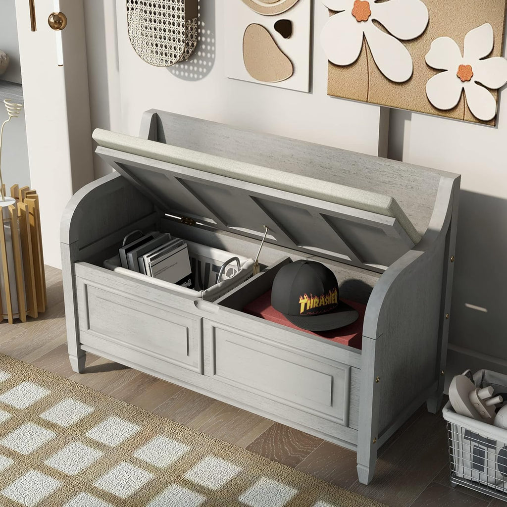 Rustic Storage Bench with Backrest and Hidden Storage, Gray Wash+Beige S6317