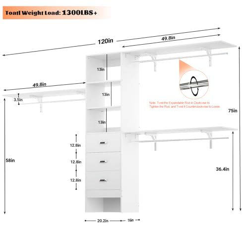 120 Inches Closet System with 3 Shelving Towers, Heavy Duty Clothes Rack with 3 Drawers, White Oak W164915