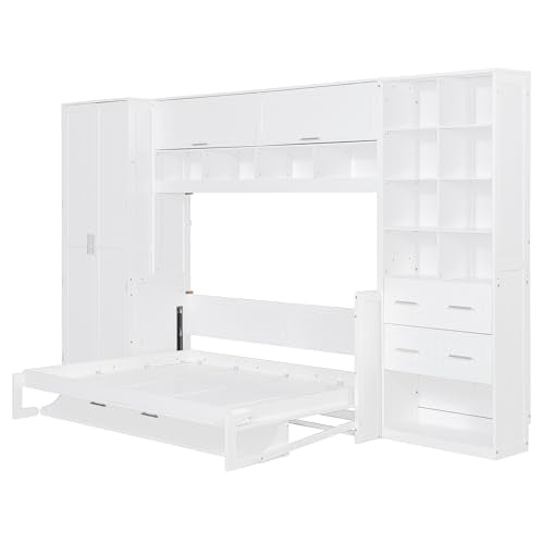 Gray Queen Size Murphy Bed with 5 Drawers and Storage Shelves B5746