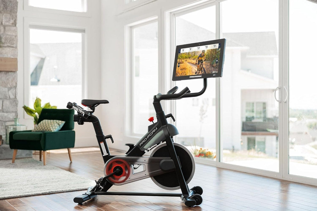 22” HD Touchscreen Exercise Bike with 24 resistance levels, Two 3 lb dumbbells, Black U329128