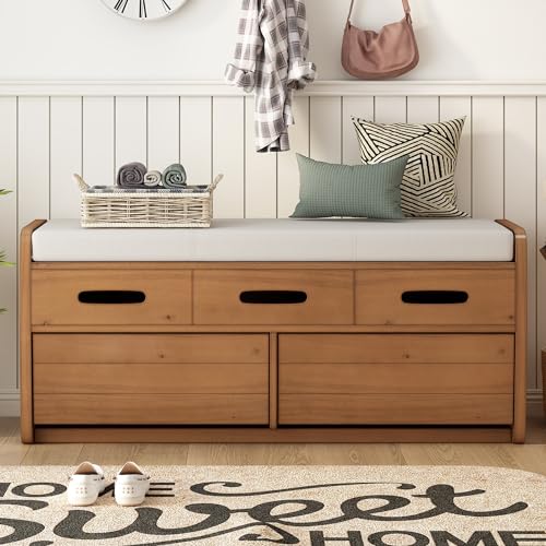 White Wooden Storage Bench with 2 Drawers and Cushion R22162