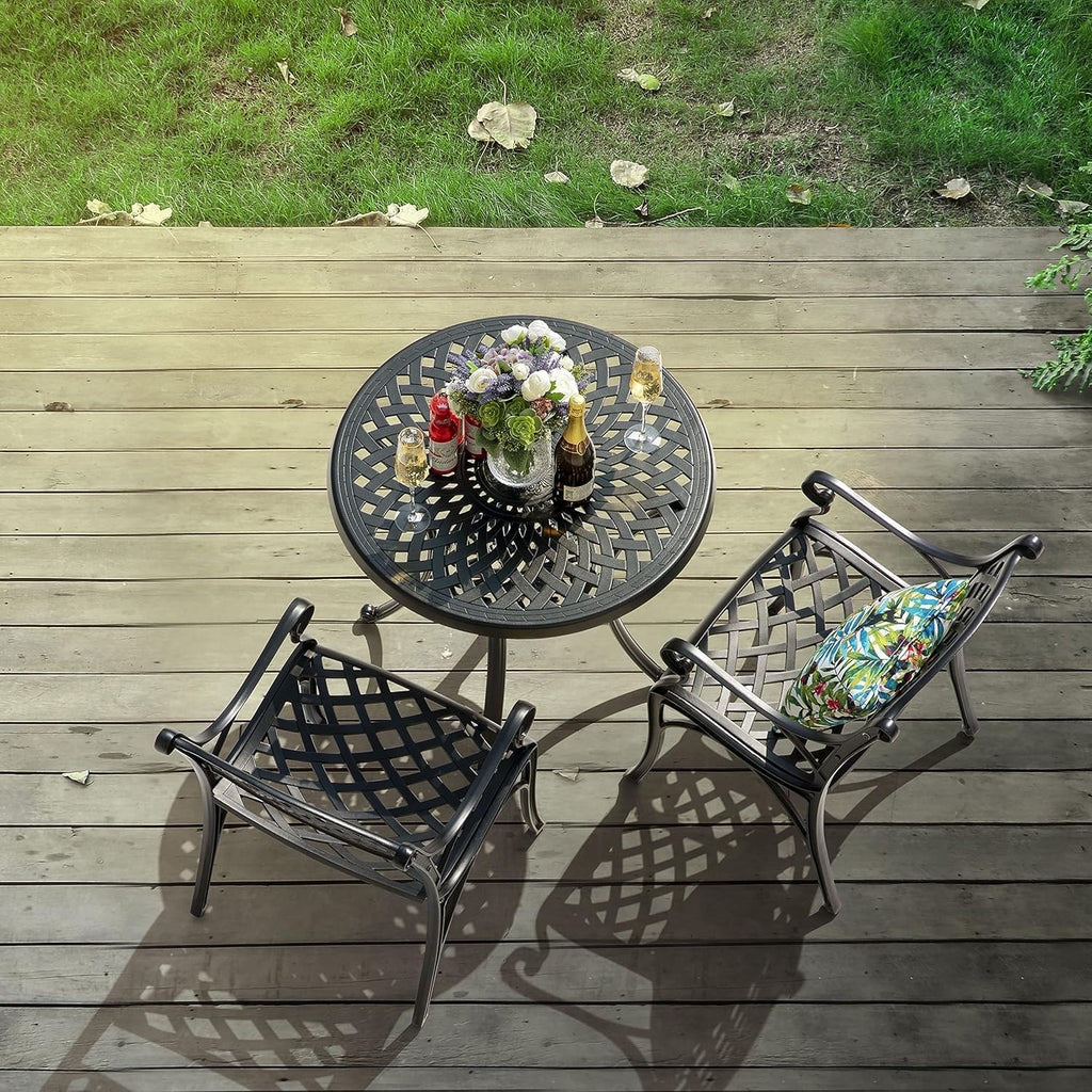 32 Inch Black Cast Aluminum Round Outdoor Dining Table with Umbrella Hole M8196
