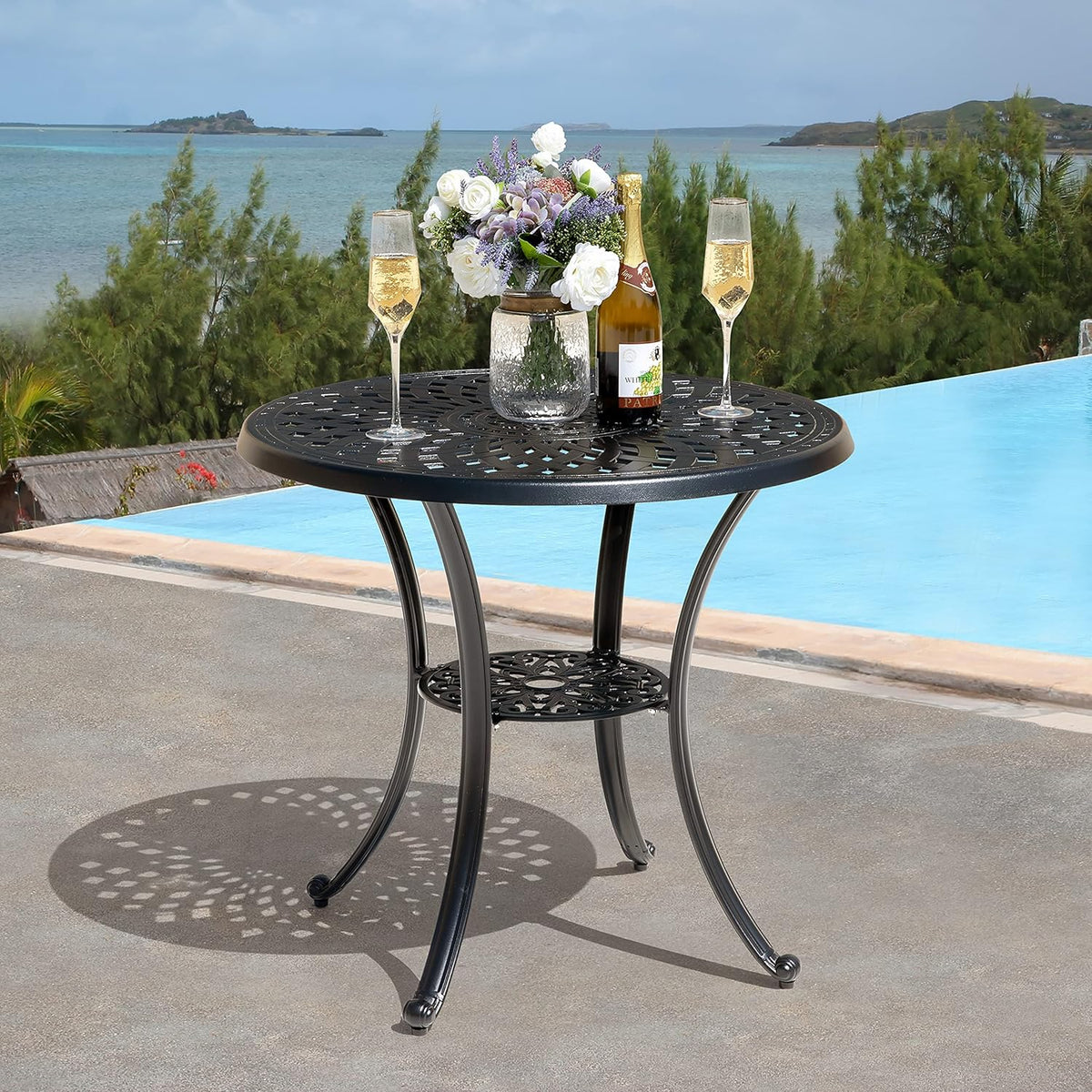 32 Inch Black Cast Aluminum Round Outdoor Dining Table with Umbrella Hole M8196