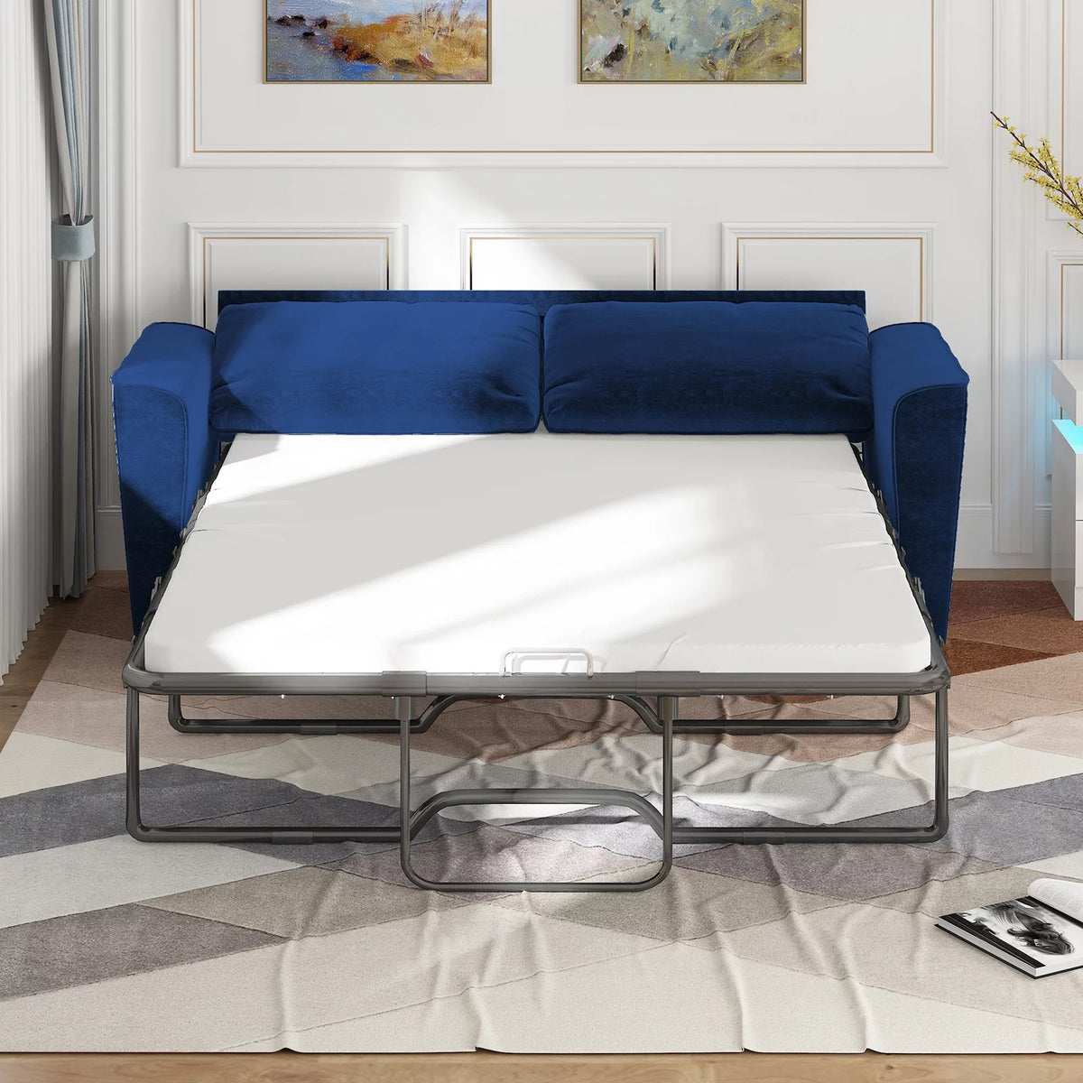 Blue Velvet Pull Out Sofa Bed with Foam Mattress O743